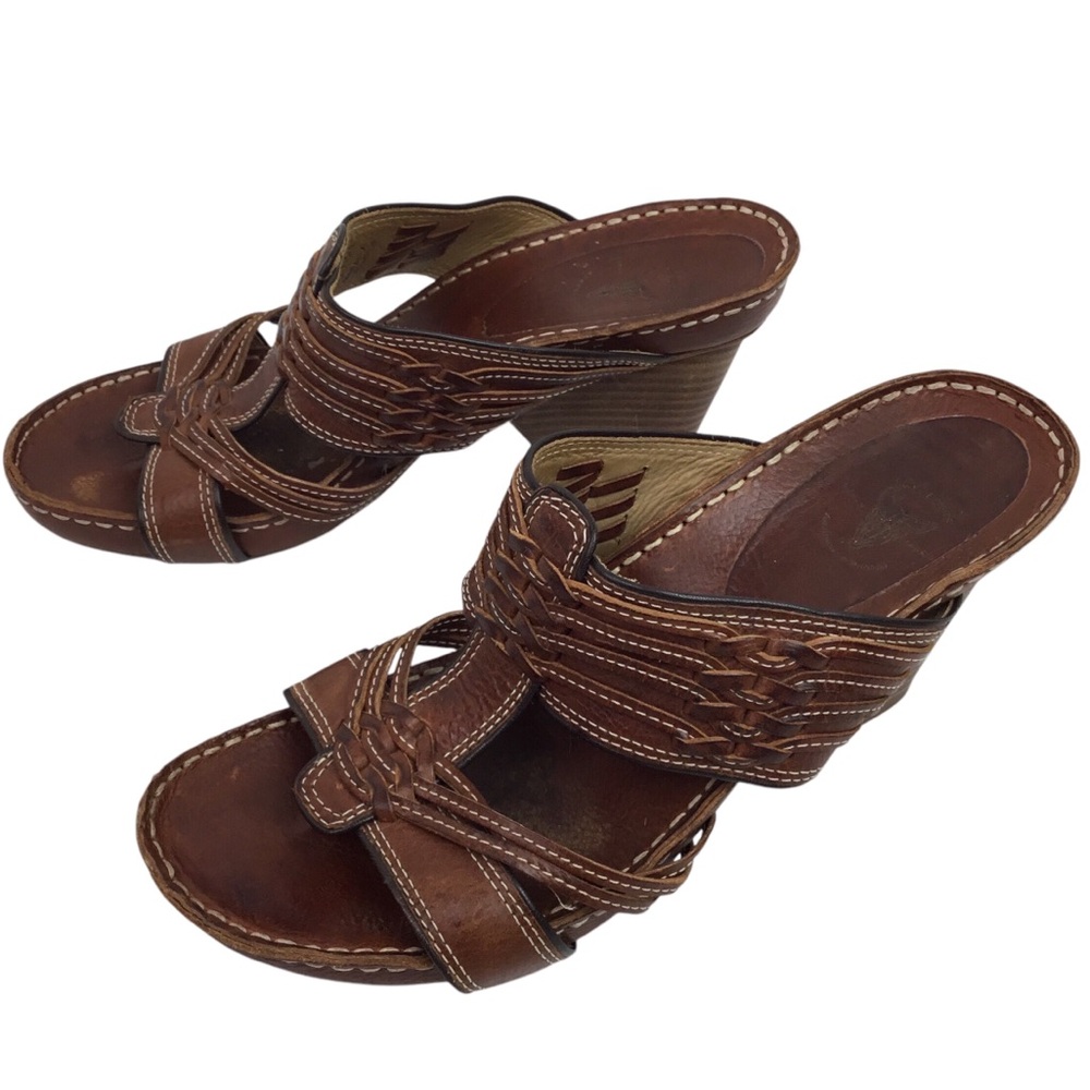 Frye Chunky Heel Open Toe Leather Sandals Brazil Brown